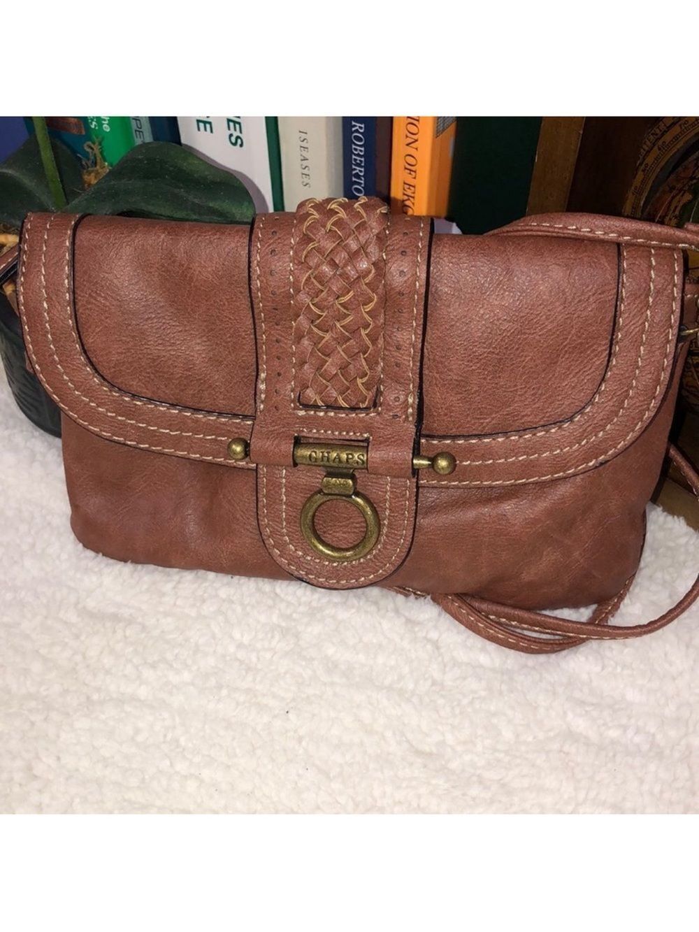 Chaps Cognac Tan Faux Leather Envelope Crossbody Bag Purse